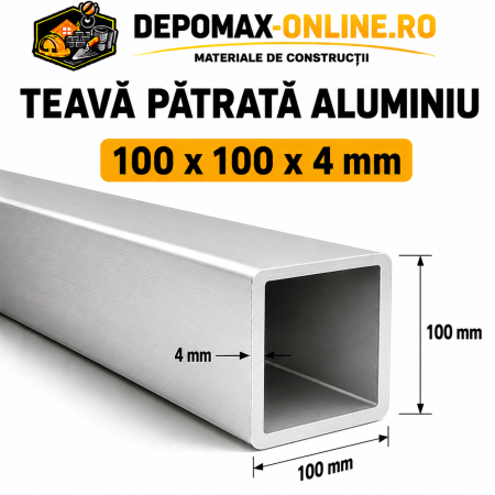 Teava patrata aluminiu 100 x 100 x 4 mm, 6 metri (EN AW-6060)